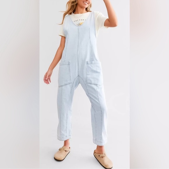 We the free free people High Roller Overall Denim Jumpsuit Size Large - Picture 2 of 10